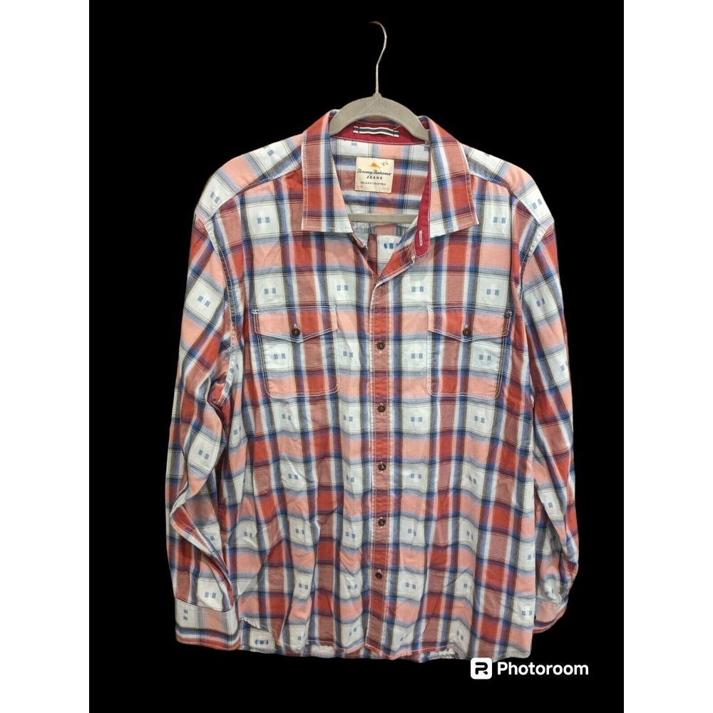Tommy Bahama Jeans Men's XL Cotton Button Front Shirt Orange Tan Plaid